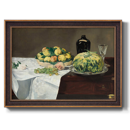 Impressionist still life with fruit by Édouard Manet printed on canvas in an ornate bronzed mahogany wood frame.