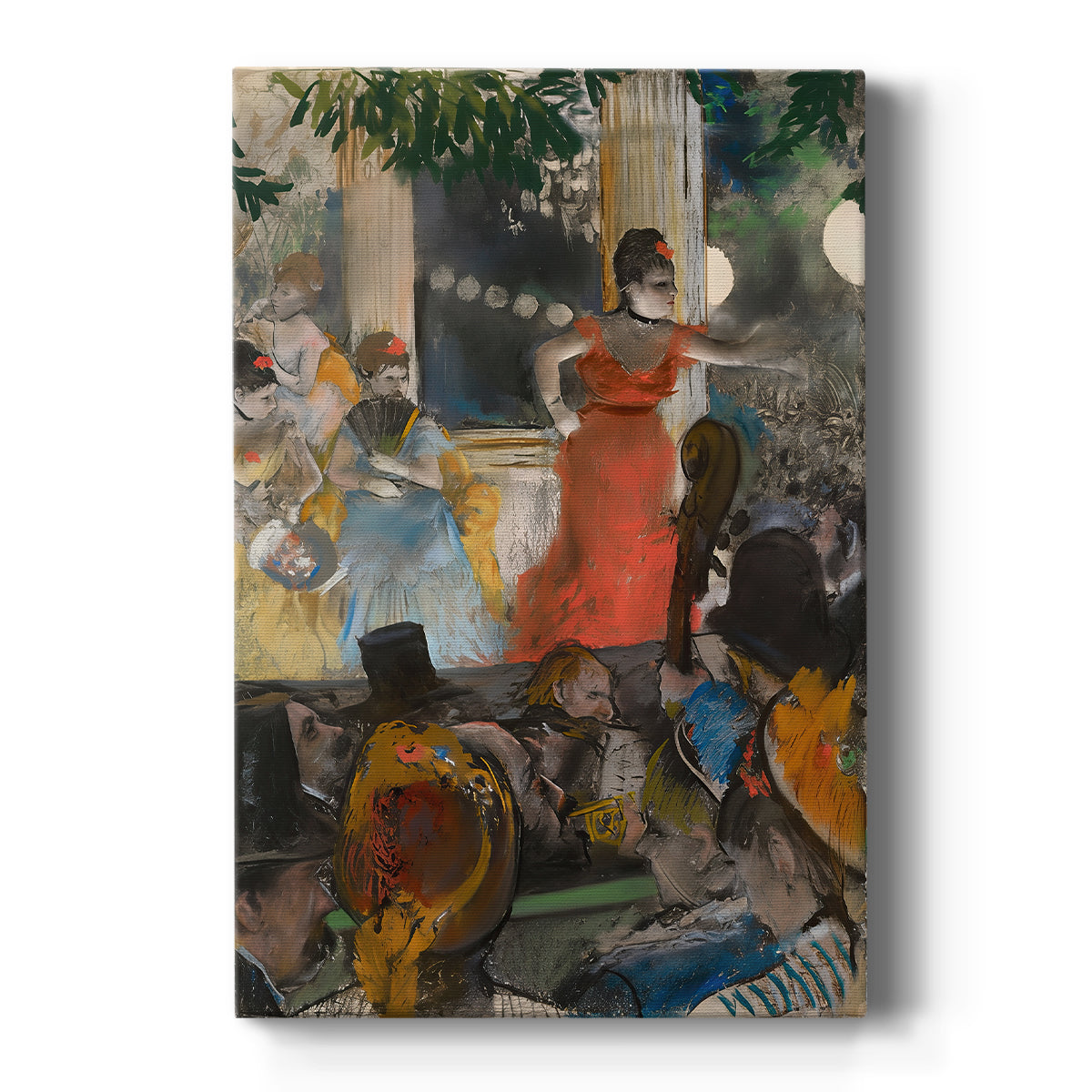 Canvas art print featuring an impressionist scene of performers and audience in a lively café setting on a clean white background.