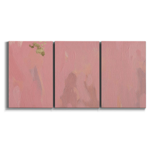Three-panel canvas wall art featuring minimal abstract horizon in pink on white background.