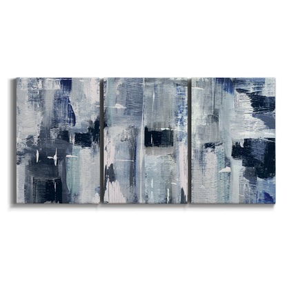 Three-panel canvas wall art featuring soft abstract mountain color fields on white background.