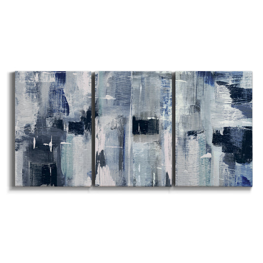 Three-panel canvas wall art featuring soft abstract mountain color fields on white background.