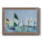 Coastal harbor watercolor painting printed on canvas in an ornate traditional silver frame.