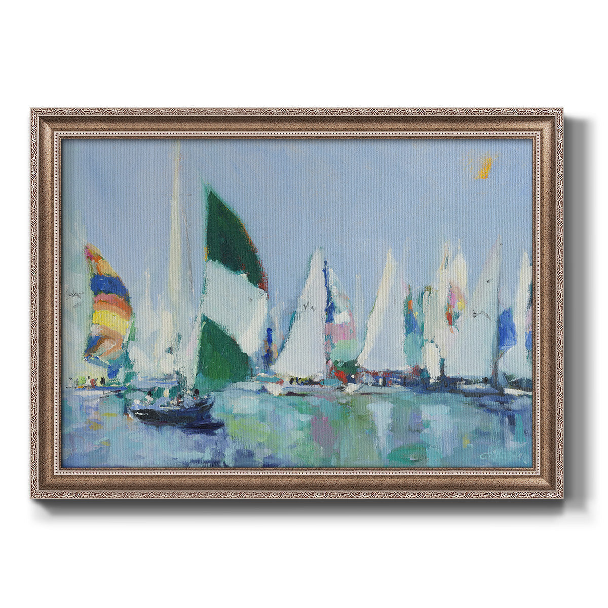 Coastal harbor watercolor painting printed on canvas in an ornate traditional silver frame.