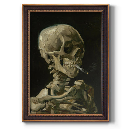 Dark expressive skull study by Vincent van Gogh printed on canvas in an ornate weathered white frame with a vertical orientation.