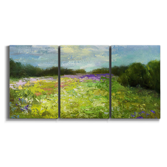 Three-panel canvas wall art featuring pastoral field with wildflowers on white background.