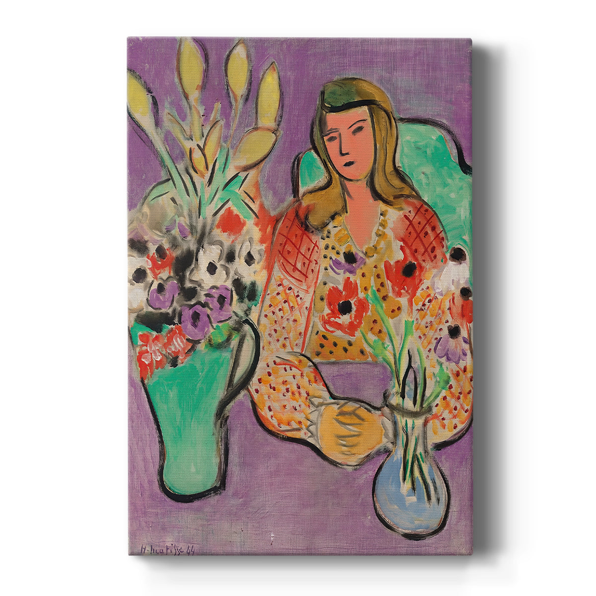 Canvas art print featuring a fauvist portrait of a girl holding flowers against a purple background on a clean white background.