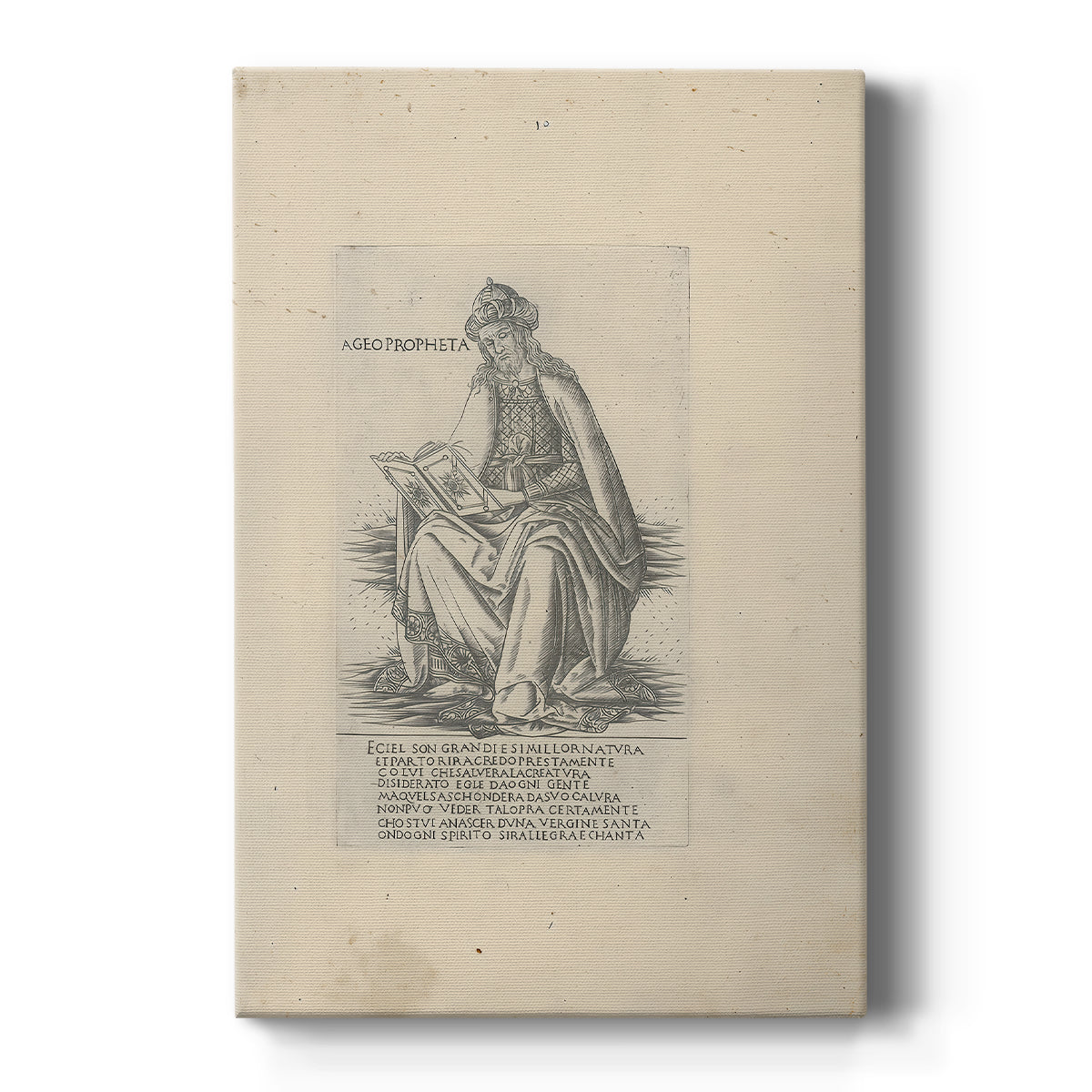 Canvas art print featuring a monochrome engraving of a standing prophet with fine line detail and text on a clean white background.