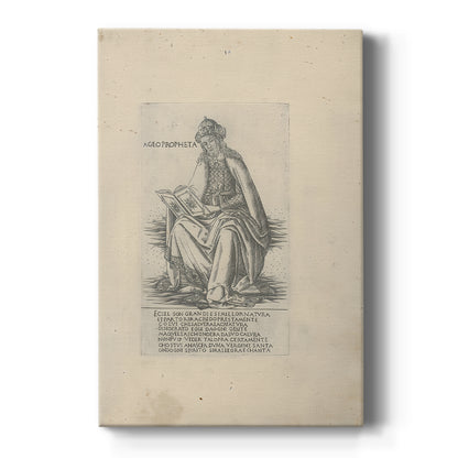 Canvas art print featuring a monochrome engraving of a standing prophet with fine line detail and text on a clean white background.