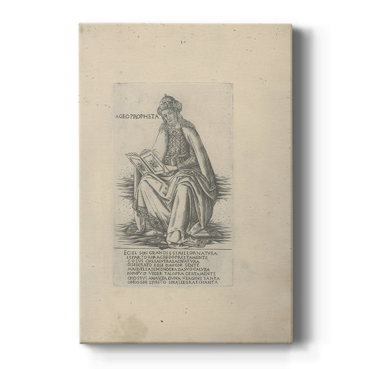 Canvas art print featuring a monochrome engraving of a standing prophet with fine line detail and text on a clean white background.