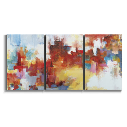 Three-panel canvas wall art featuring abstract city lights composition on white background.