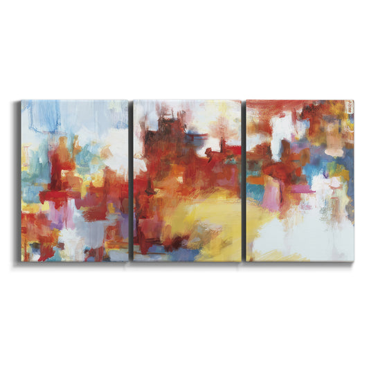 Three-panel canvas wall art featuring abstract city lights composition on white background.