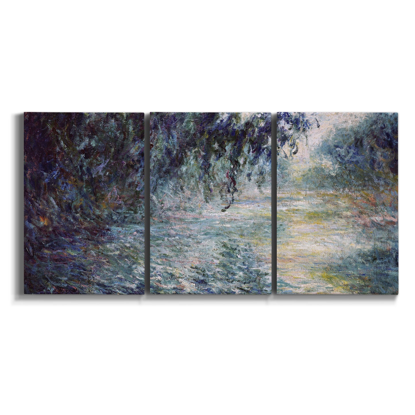 Three-panel canvas wall art featuring misty river scene in morning light on white background.