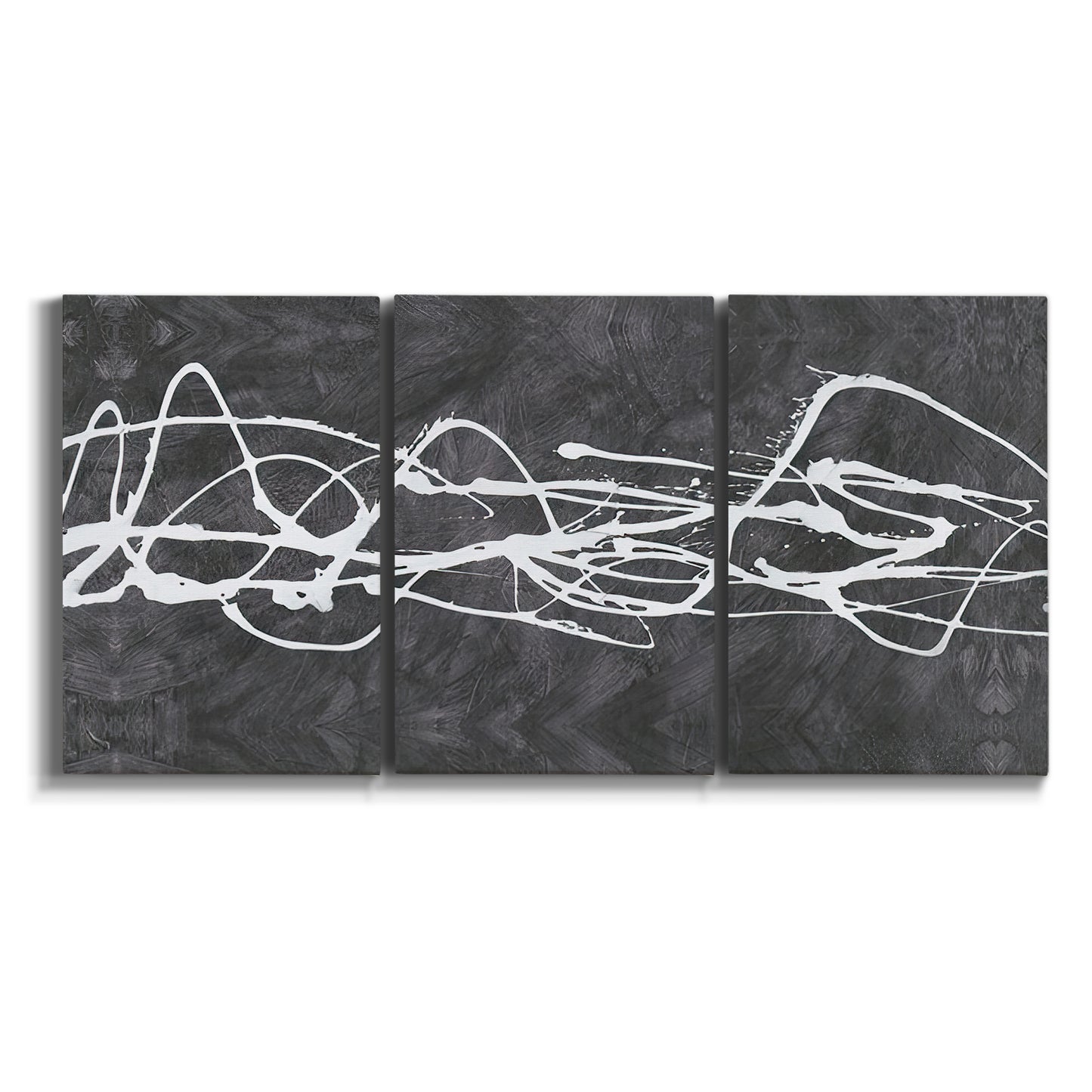 Three-panel canvas wall art featuring minimal abstract frequency lines on white background.