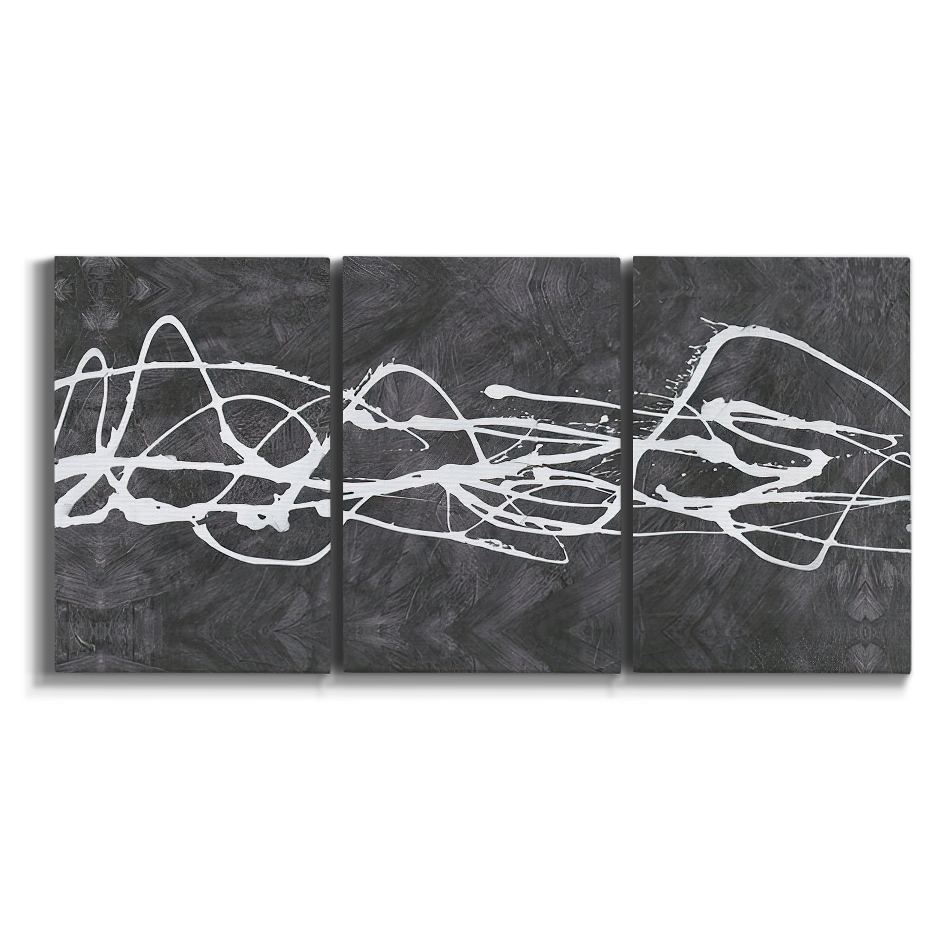 Three-panel canvas wall art featuring minimal abstract frequency lines on white background.