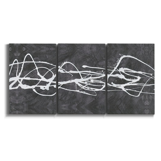 Three-panel canvas wall art featuring minimal abstract frequency lines on white background.