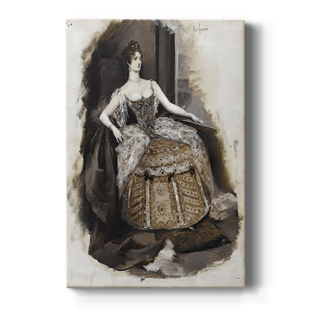 Canvas art print featuring an Art Nouveau portrait of a woman in elaborate dress with refined detail on a clean white background.