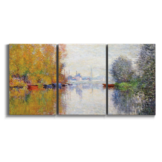 Three-panel canvas wall art featuring golden autumn light over riverside on white background.