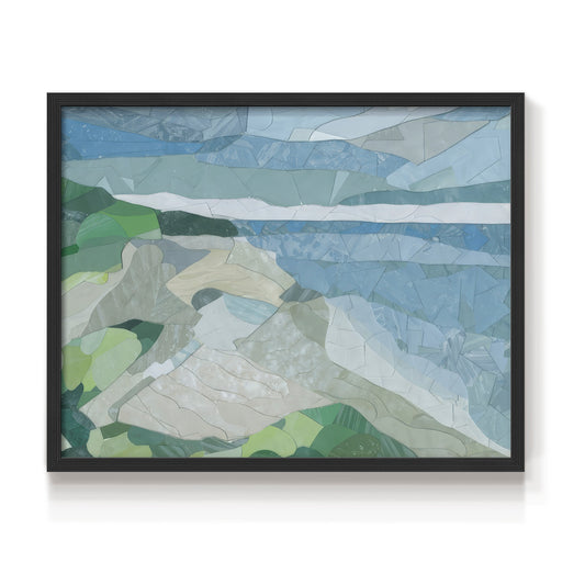 Abstract artwork features a coastal landscape with blue waters and gentle green hills. The composition uses geometric shapes to create a serene and vibrant atmosphere.