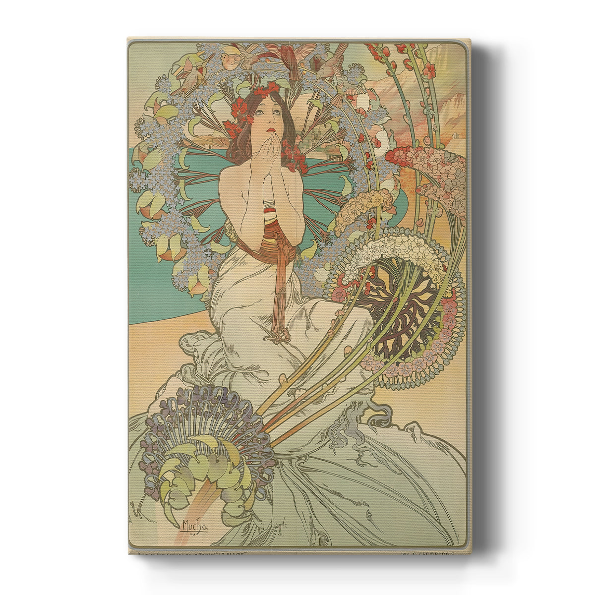 Canvas art print featuring an Art Nouveau travel poster of a woman with ornate details and coastal theme on a clean white background.