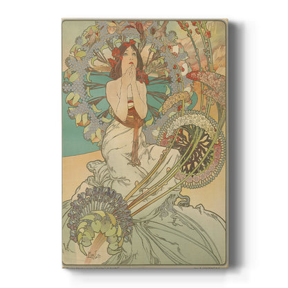 Canvas art print featuring an Art Nouveau travel poster of a woman with ornate details and coastal theme on a clean white background.