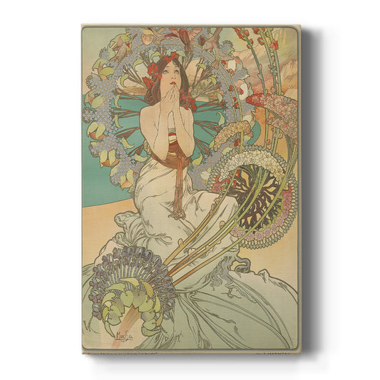 Canvas art print featuring an Art Nouveau travel poster of a woman with ornate details and coastal theme on a clean white background.