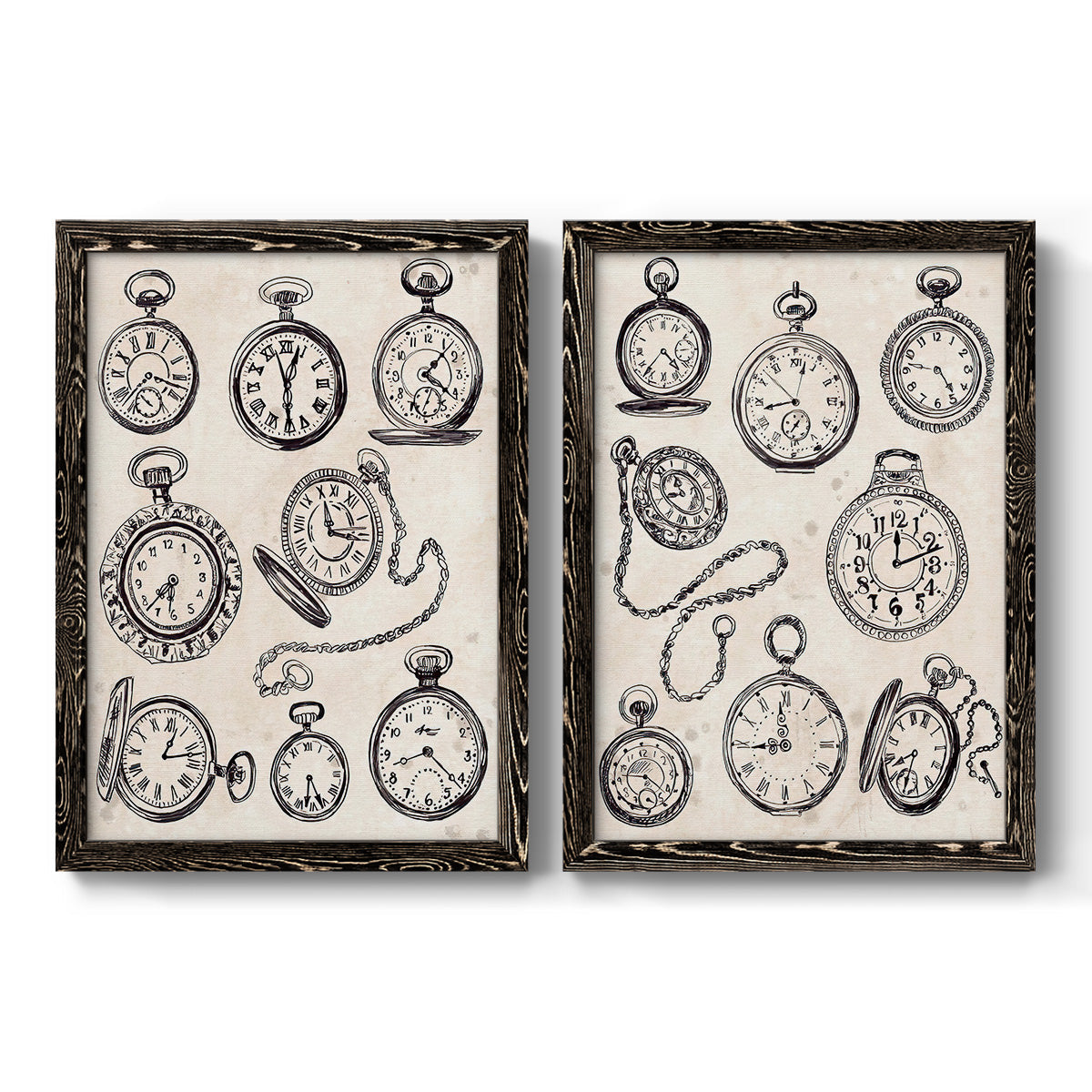 Pocket Watch Sketches I - Premium Framed Canvas 2 Piece Set - Ready to Hang