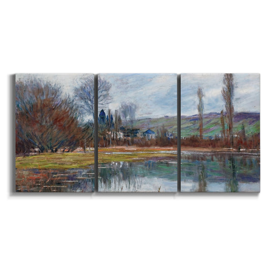 Three-panel canvas wall art featuring spring village along river on white background.