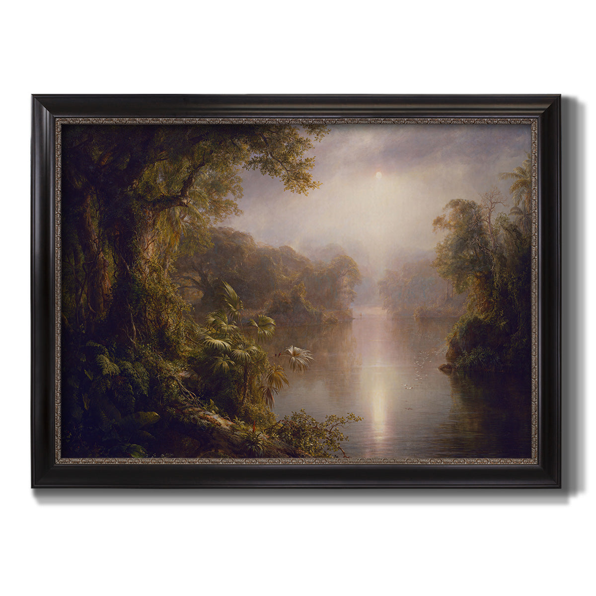 Luminous romantic landscape painting by Frederic Edwin Church printed on canvas in an ornate black frame with gilded inner detail.