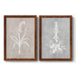 Set of two maple barnwood framed canvas prints featuring two rustic minimalist botanical prints featuring white botanical silhouettes on softly weathered neutral backgrounds.