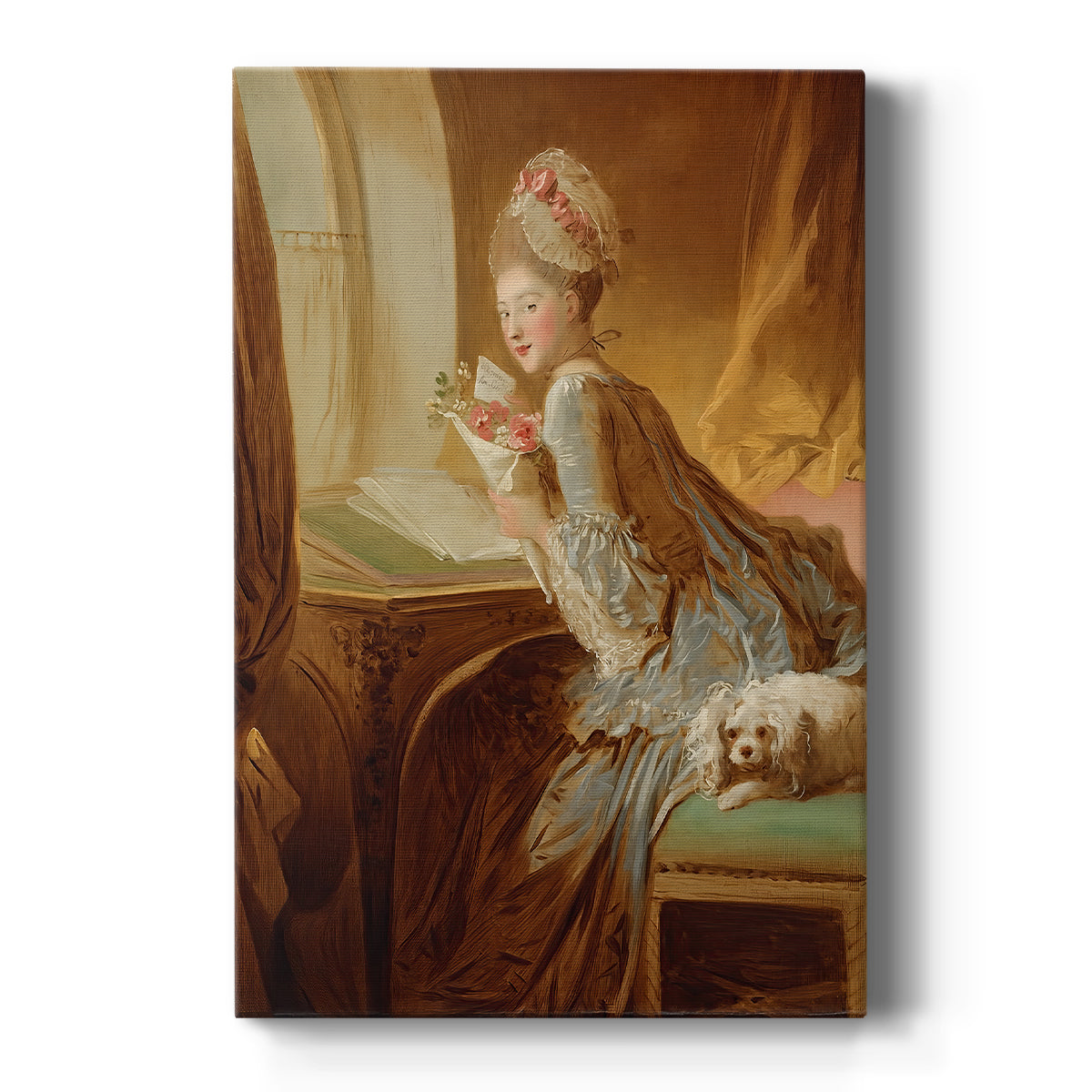 Canvas art print featuring a Rococo scene of a woman holding a letter in a softly lit interior on a clean white background.