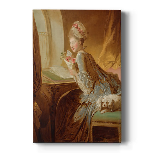Canvas art print featuring a Rococo scene of a woman holding a letter in a softly lit interior on a clean white background.