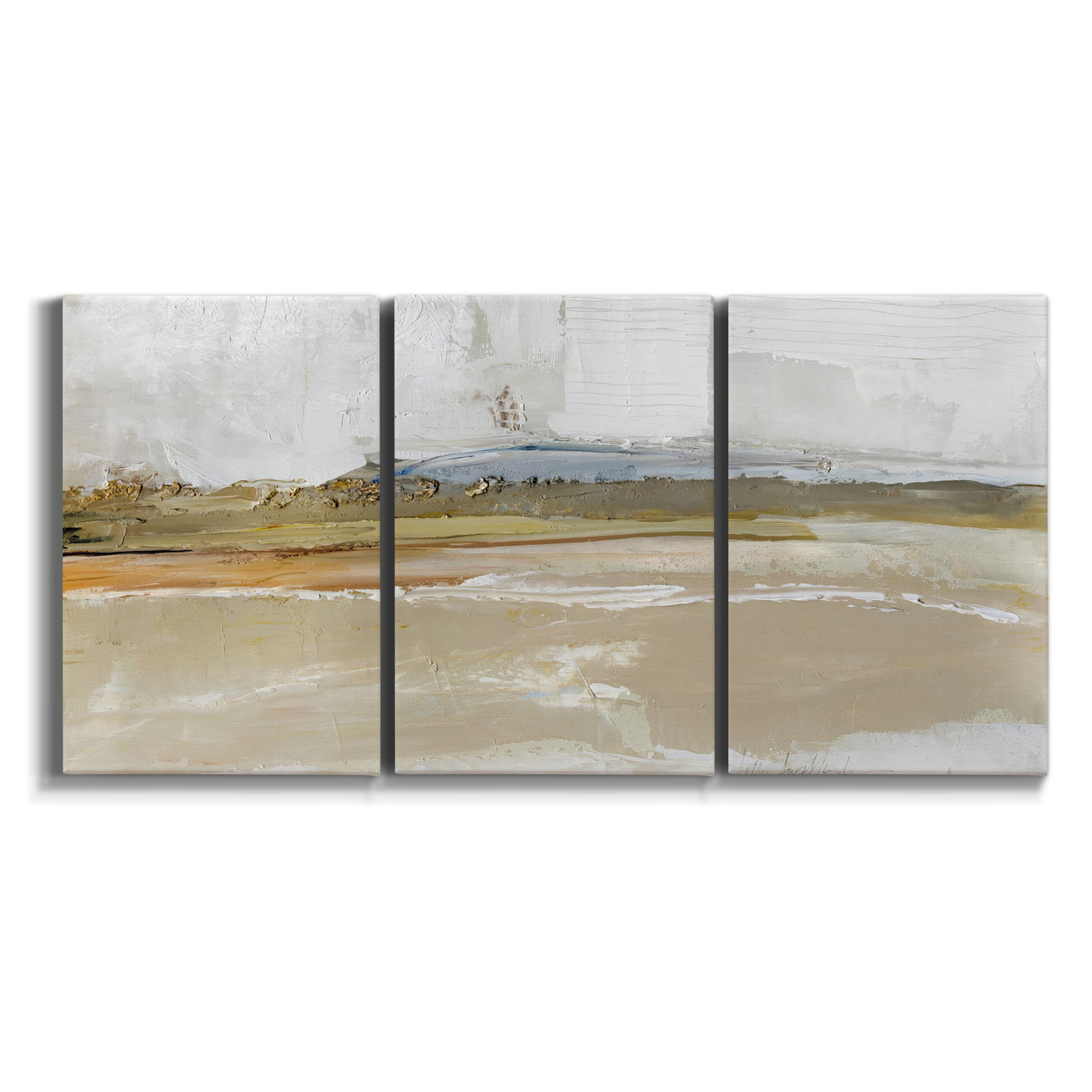 Three-panel canvas wall art featuring golden hour light over landscape on white background.