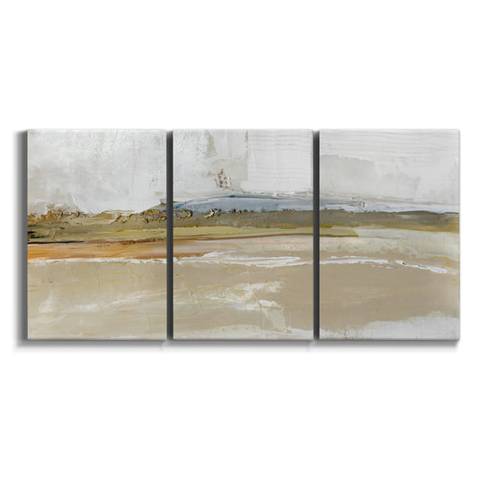 Three-panel canvas wall art featuring golden hour light over landscape on white background.