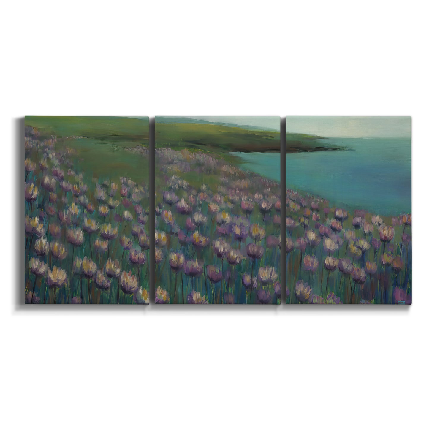 Three-panel canvas wall art featuring calm coastal landscape sanctuary on white background.