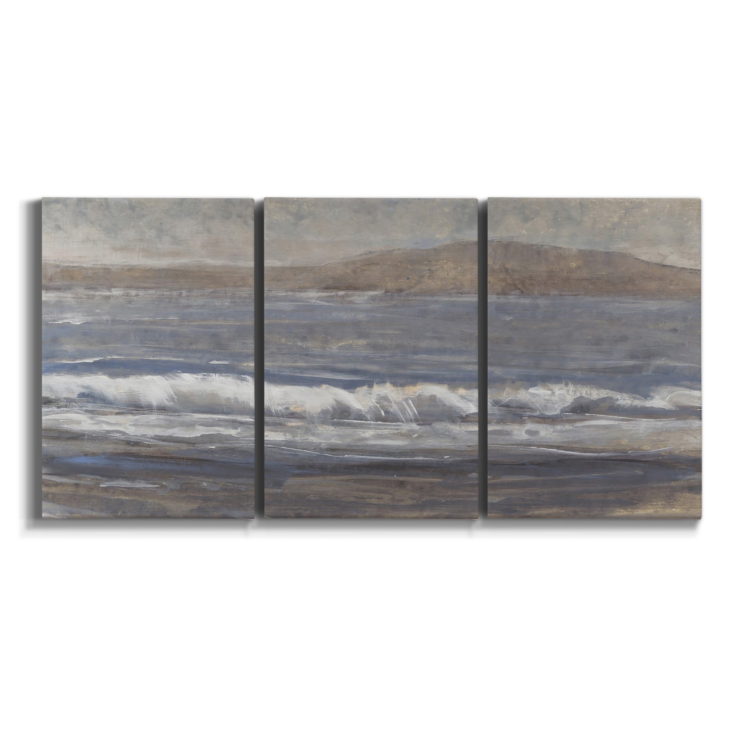 Three-panel canvas wall art featuring shoreline between land and sea on white background.