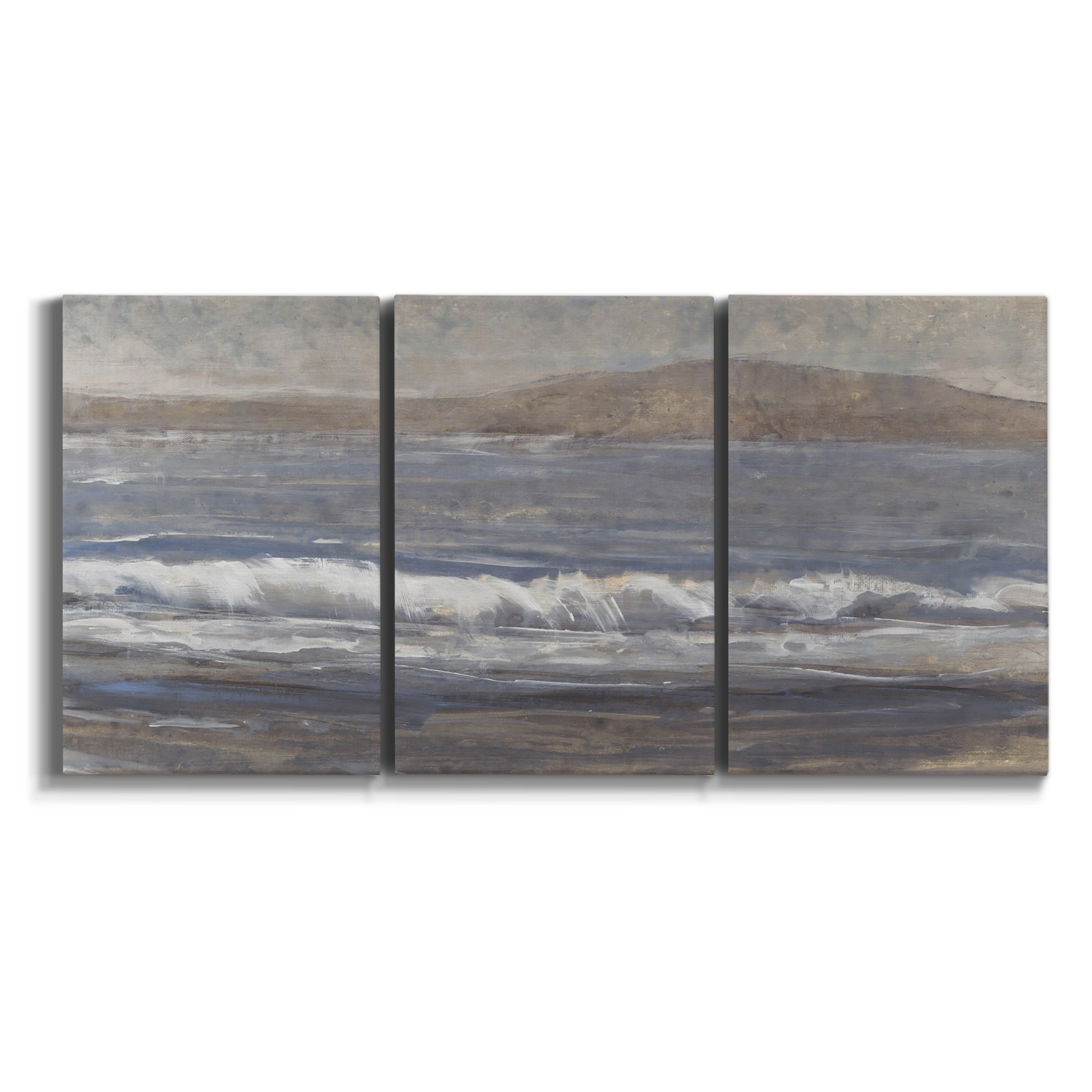 Three-panel canvas wall art featuring shoreline between land and sea on white background.