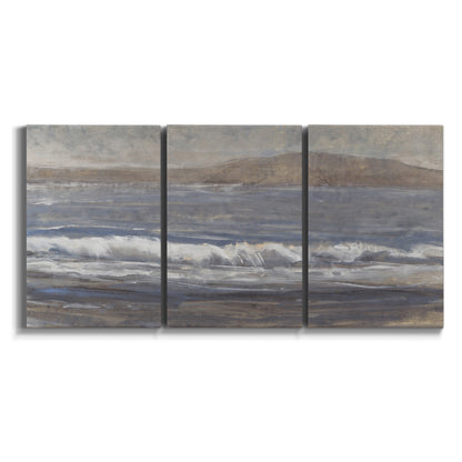 Three-panel canvas wall art featuring shoreline between land and sea on white background.