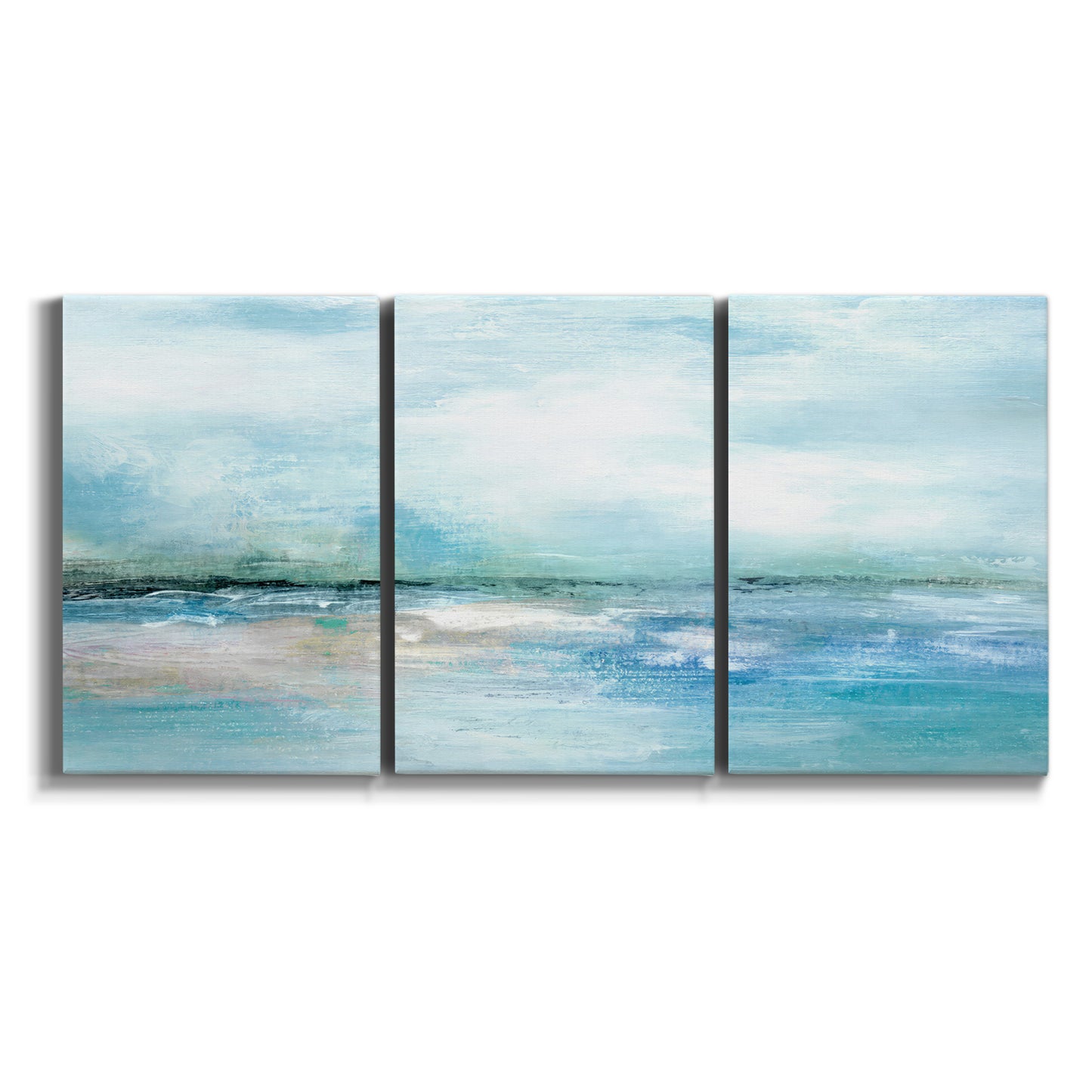 Three-panel canvas wall art featuring sunset silhouette over coastal water on white background.