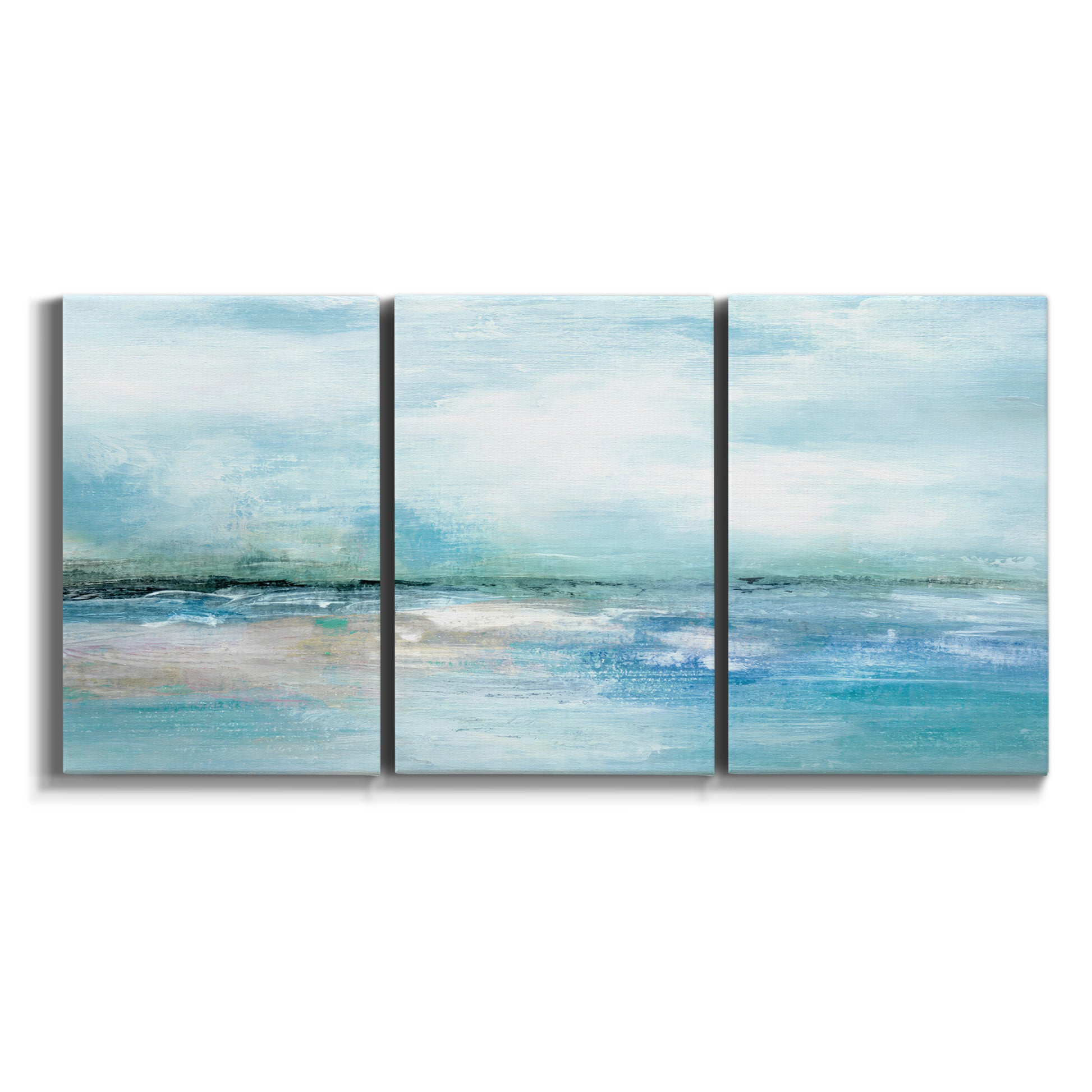 Three-panel canvas wall art featuring sunset silhouette over coastal water on white background.