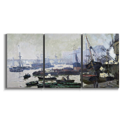 Three-panel canvas wall art featuring working harbor with docked boats on white background.