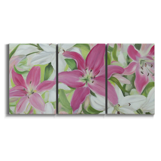 Three-panel canvas wall art featuring pink and white lilies in bloom on white background.