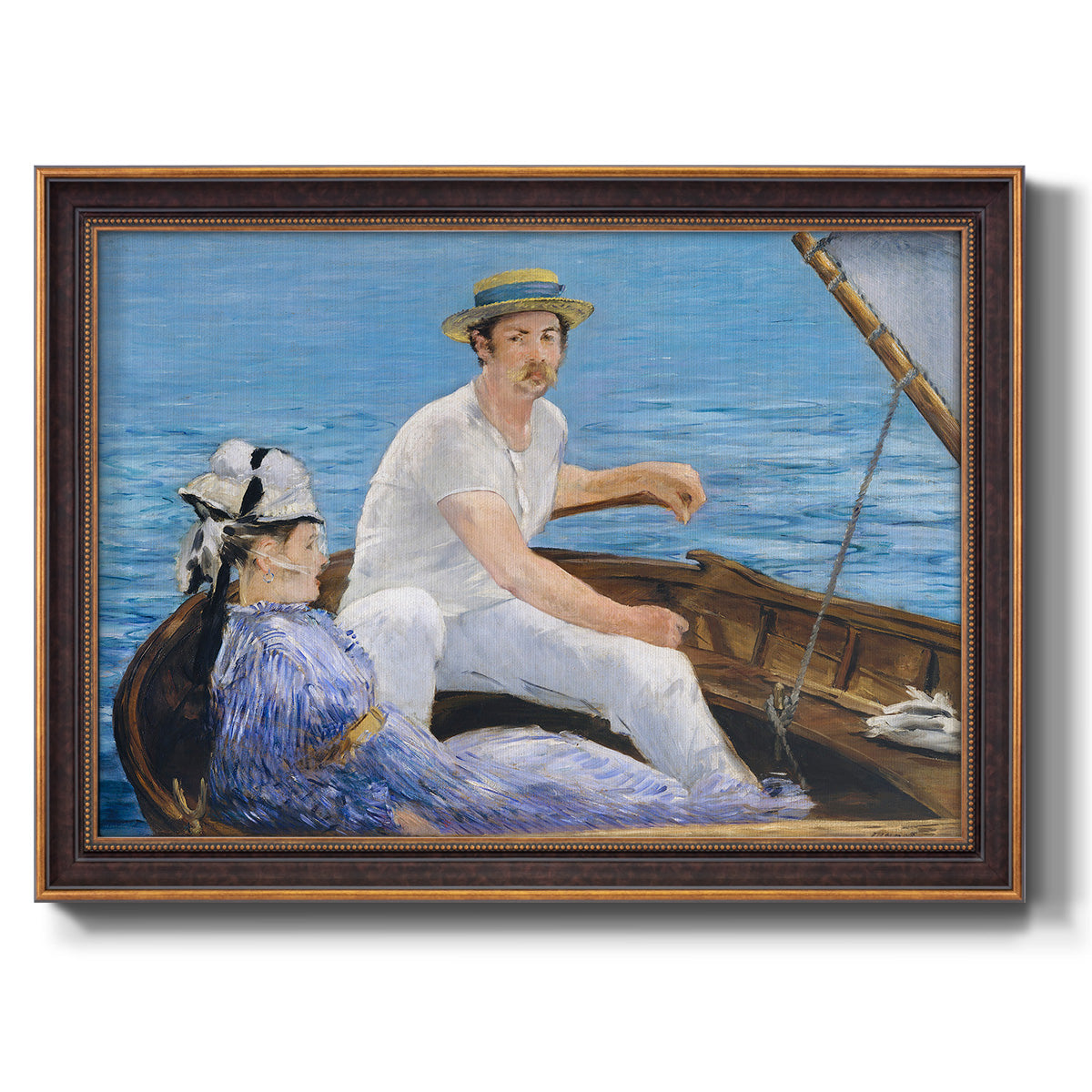 Impressionist leisure boating scene by Édouard Manet printed on canvas in an ornate bronzed mahogany wood frame.