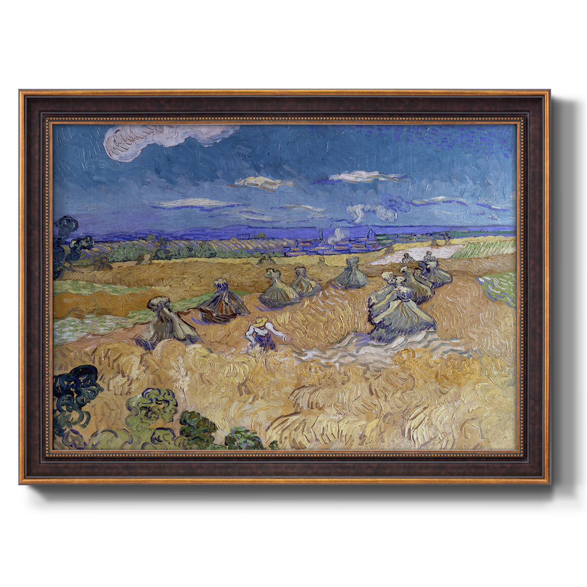 Impressionist wheat harvest scene by Vincent van Gogh printed on canvas in an ornate bronzed mahogany wood frame.
