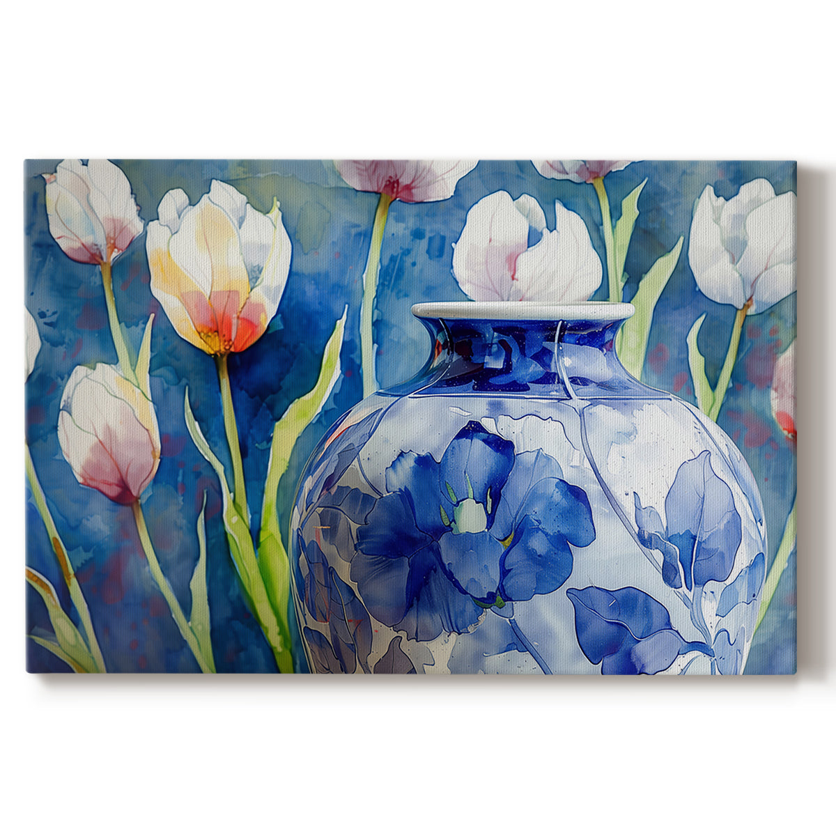 vase,porcelain,floral,watercolor,tulips,blue,art,decoration,background,design,home,creative,nature,colors,artisan,handcrafted,still life,aesthetics,flowers,interior,craftsmanship,botanical,elegance,beauty,showcase,ornament,artistry,floral patterns,vivid,sophisticated,contemporary,tradition,visual art,arrangement,exhibit,collection