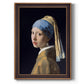 Iconic portrait of a girl wearing a pearl earring by Johannes Vermeer printed on canvas in an ornate weathered white frame with a vertical orientation.