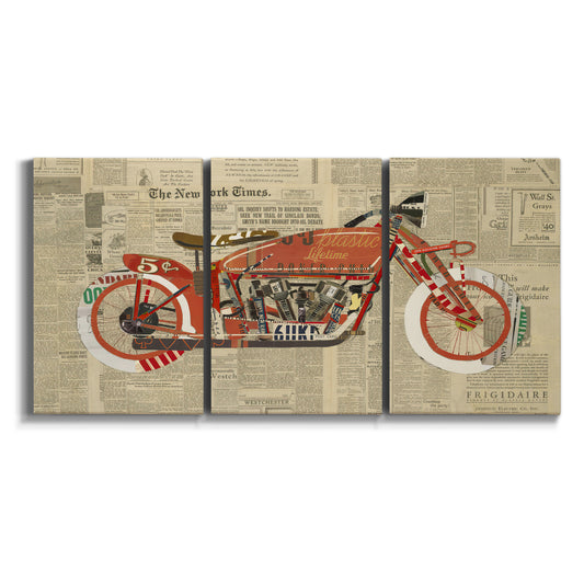 Three-panel canvas wall art featuring vintage red vehicle collage detail on white background.