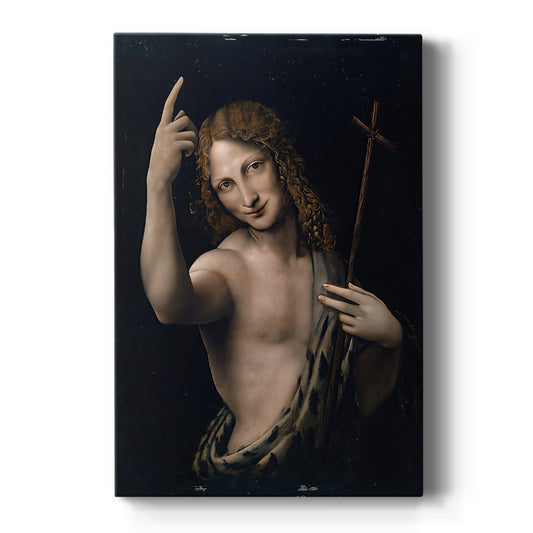 Canvas art print featuring a Renaissance portrait of a figure emerging from shadow with soft light on a clean white background.