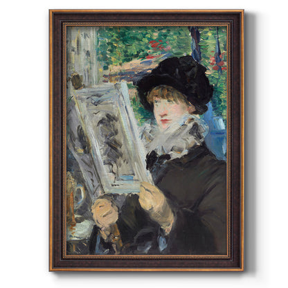 Impressionist portrait of a woman reading by Édouard Manet printed on canvas in an ornate weathered white frame with a vertical orientation.