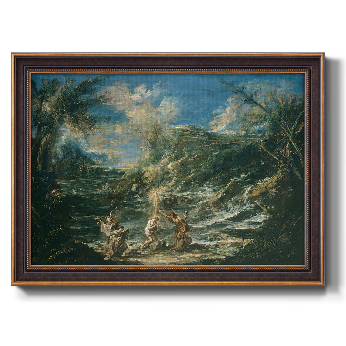 Religious landscape depicting the baptism of Christ by Alessandro Magnasco printed on canvas in an ornate bronzed mahogany wood frame.