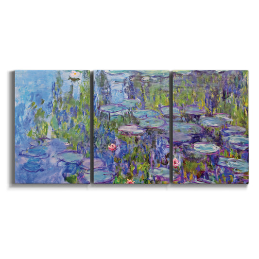 Three-panel canvas wall art featuring blue toned water lily pond on white background.